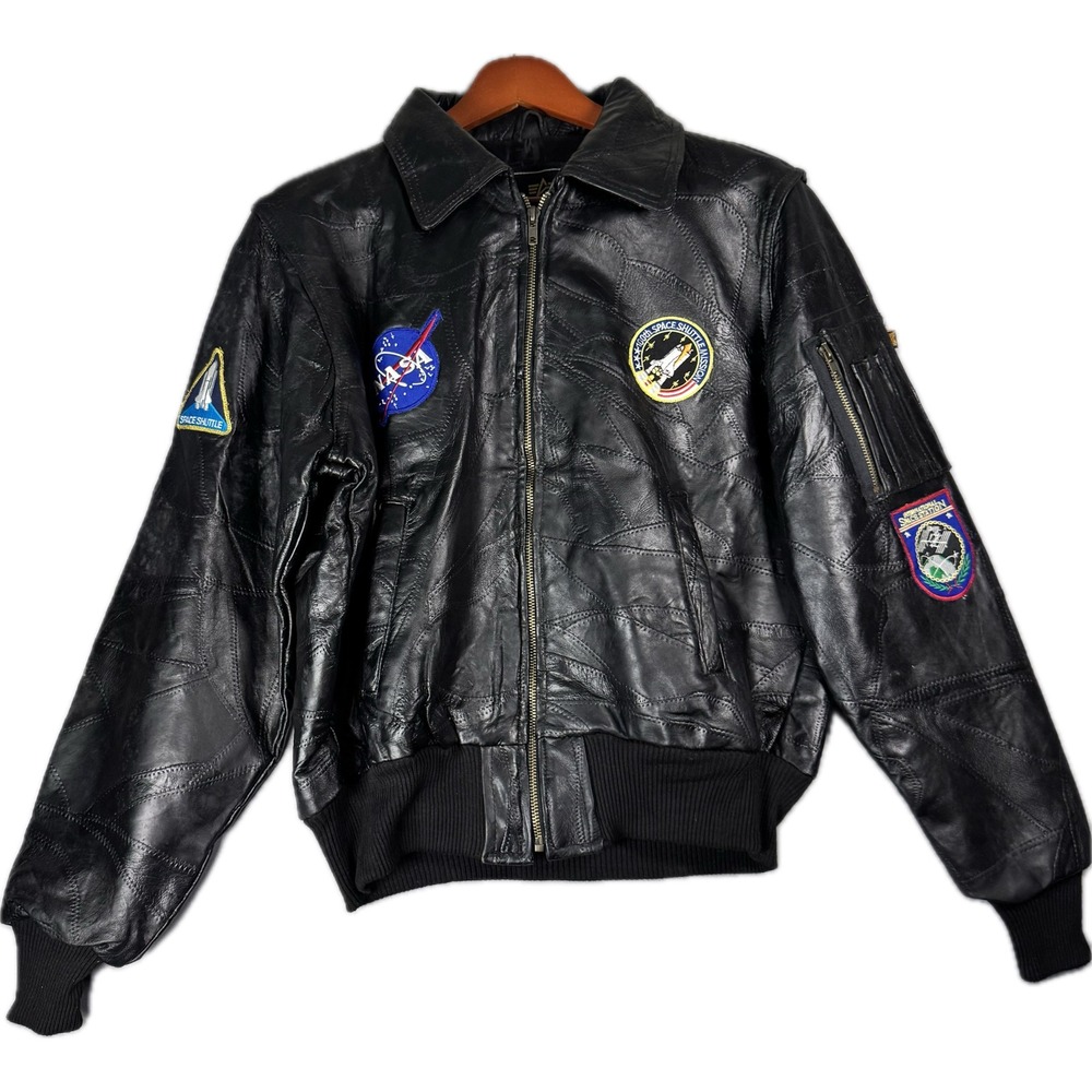 Vtg 1990s Alpha Industries Black Leather NASA Space Shuttle Bomber Jacket Mens M